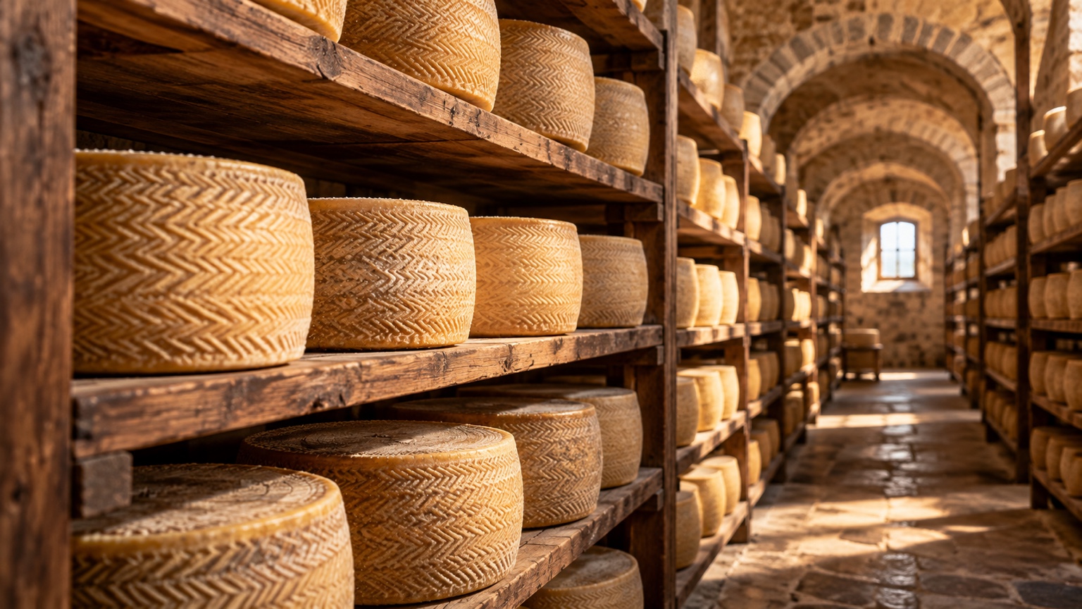 Rows of Manchego cheese wheels maturing in a traditional cellar