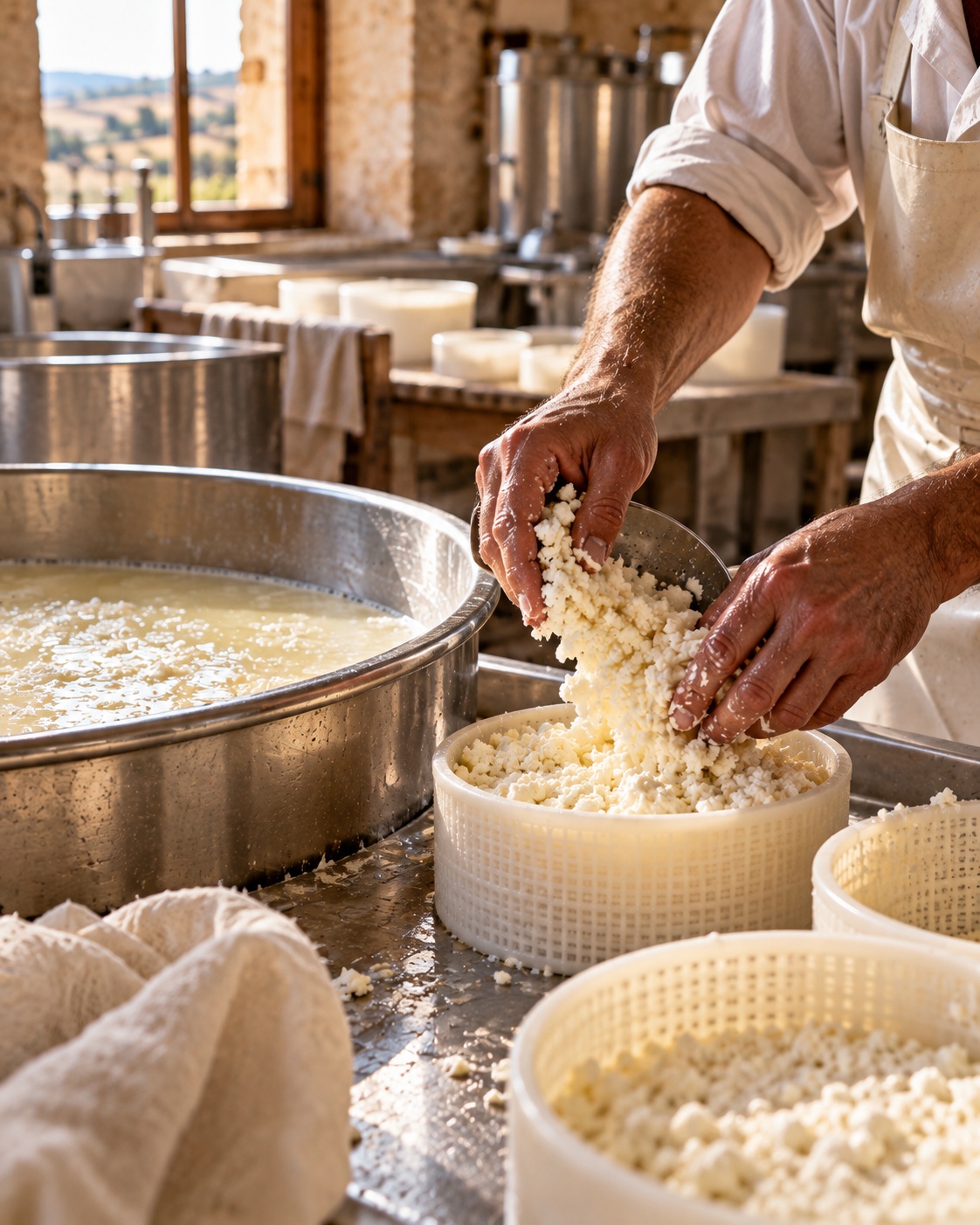 Artisan shaping fresh cheese curds by hand