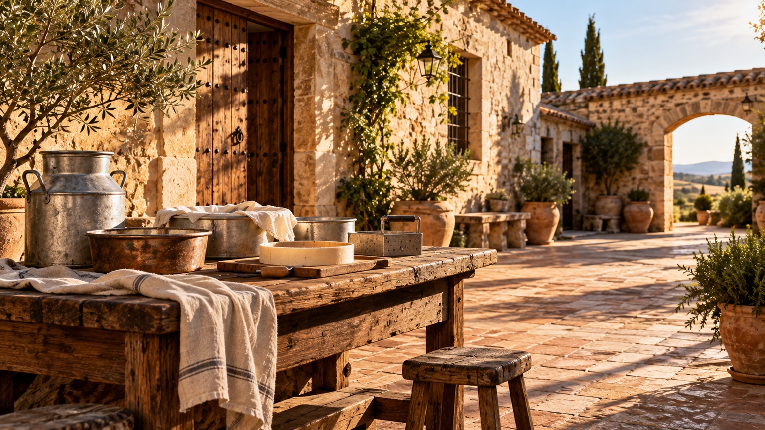 Historic Spanish farmhouse courtyard and cheesemaking tools