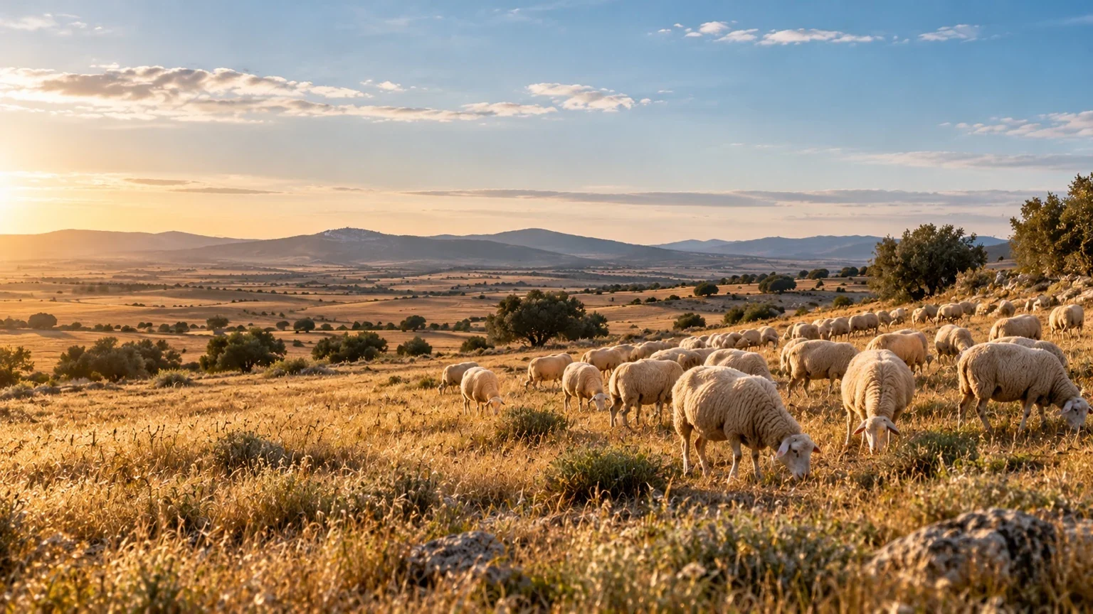 Manchega sheep grazing in the countryside of Castilla-La Mancha