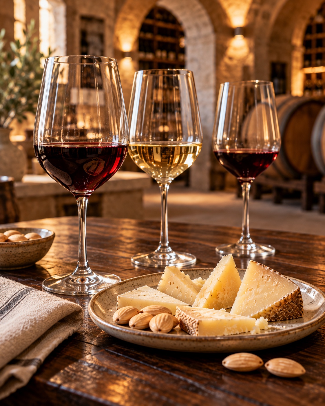 Manchego cheese wedges with Spanish wine in a warm cellar