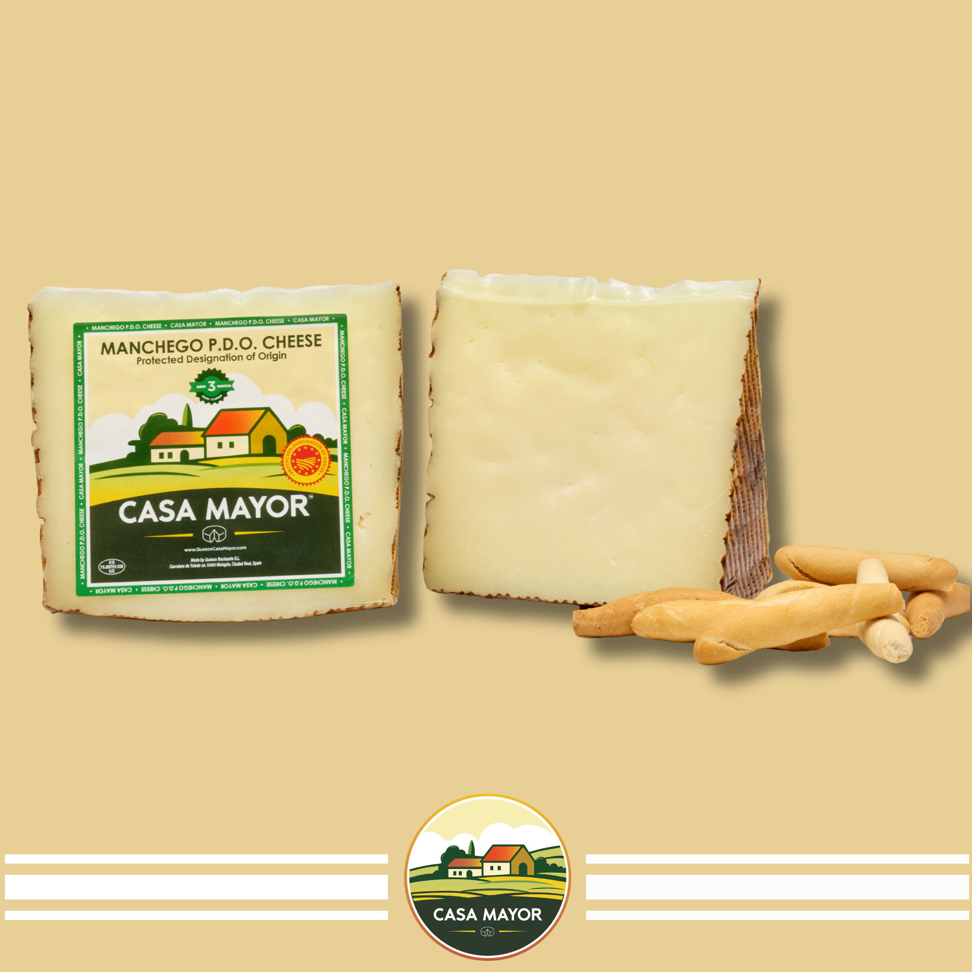 Manchego Cheese D.O.P – 3 Months Aged (Semi-Cured) – 2 Wedge Pack (Total 1 lb) + Free Breadsticks (Picos) – Spanish Sheep’s Milk Cheese by Casa Mayor