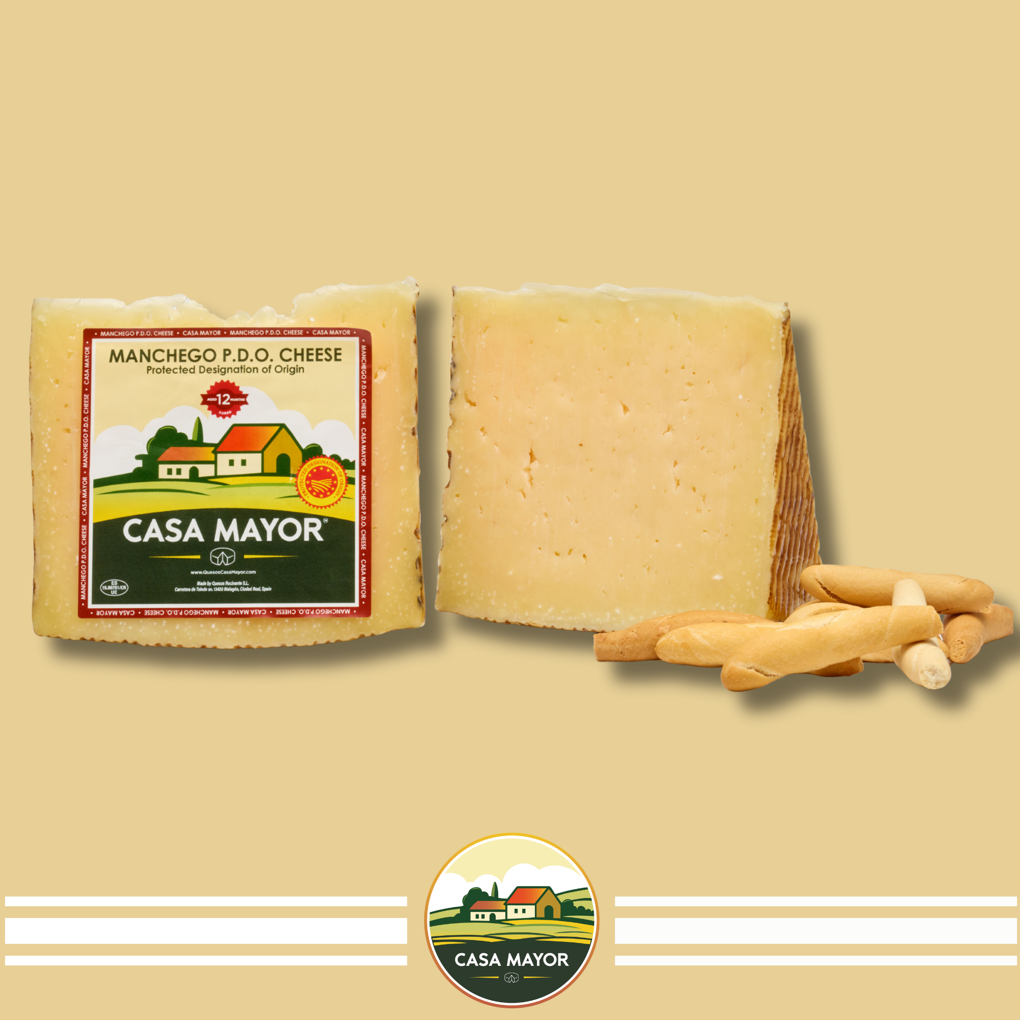 Manchego Cheese D.O.P – 12 Months Aged (Reserva Extra) – 2 Wedge Pack (Total 1 lb) + Free Breadsticks (Picos) – Spanish Sheep’s Milk Cheese by Casa Mayor