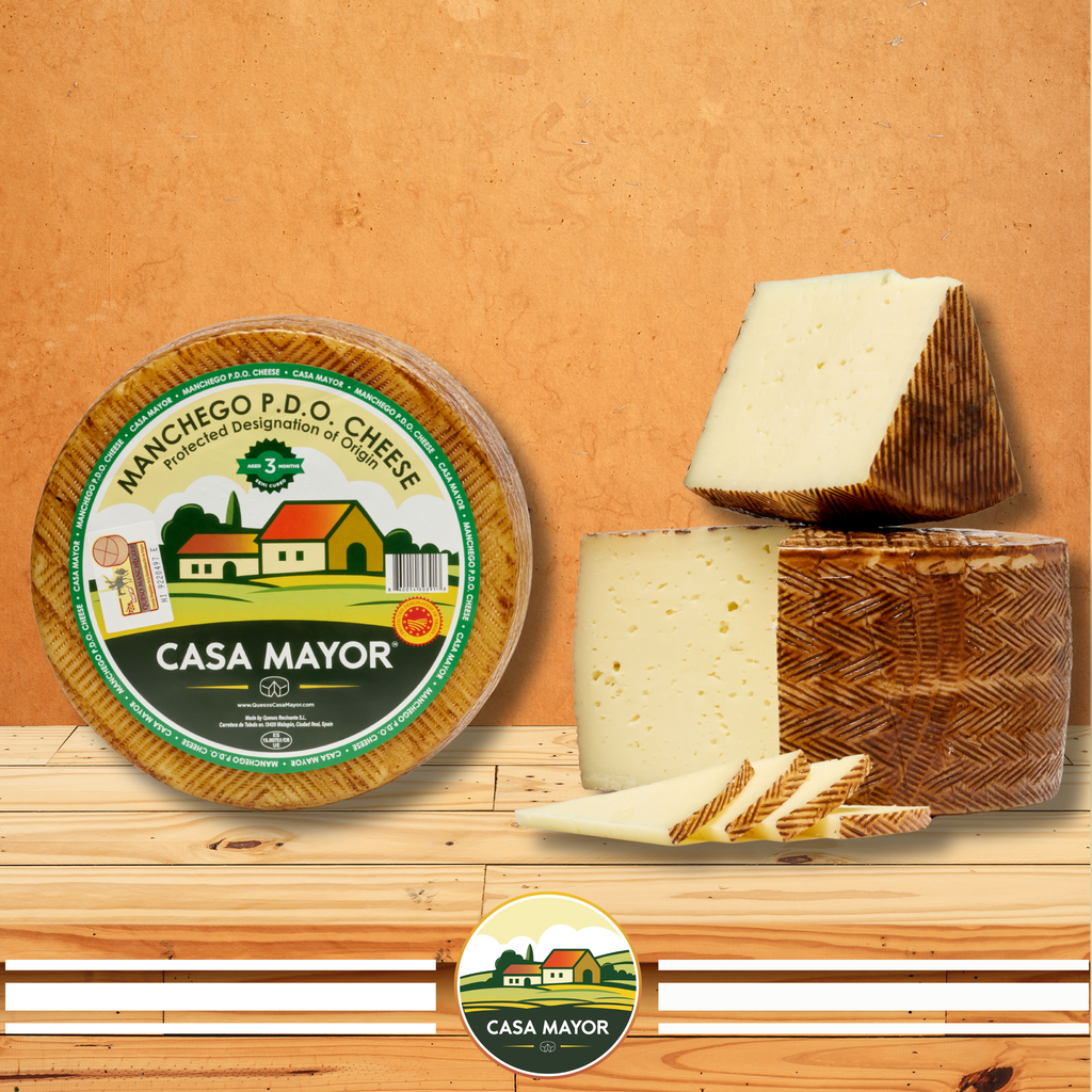 Manchego Cheese D.O.P – Approx. 1 lb Wheel + Serrano Ham (2 oz by Fermín) + Free Breadsticks (Picos) – Spanish Tapas Gift Set – Authentic Product of Spain by Casa Mayor
