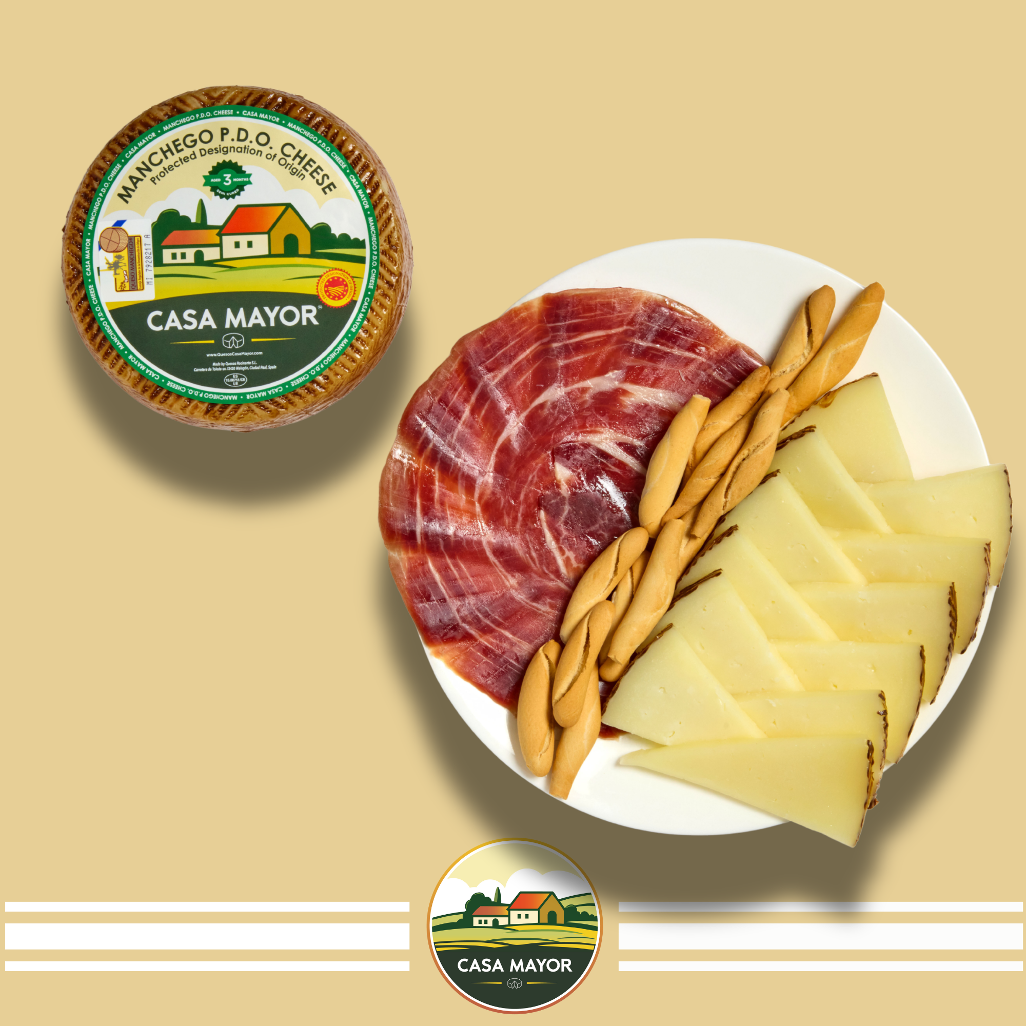 Manchego Cheese D.O.P – Approx. 1 lb Wheel + Ibérico Ham (2 oz by Fermín) + Free Breadsticks (Picos) – Spanish Tapas Gift Set – Authentic Product of Spain by Casa Mayor