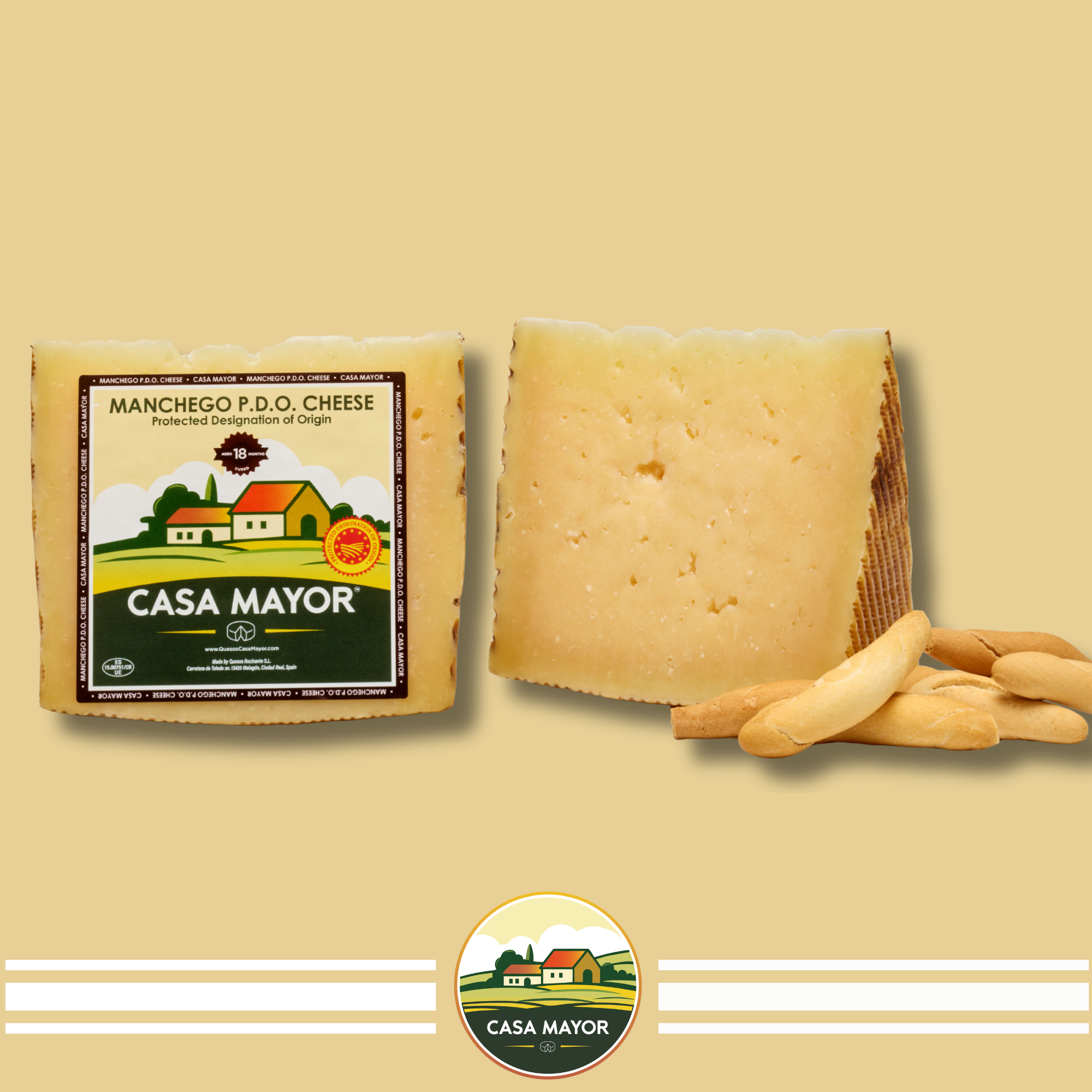 Manchego Cheese Gran Reserva D.O.P – 18 Months Aged – 2 Wedge Pack (Total 1 lb) + Free Breadsticks (Picos) – Spanish Sheep’s Milk Cheese by Casa Mayor