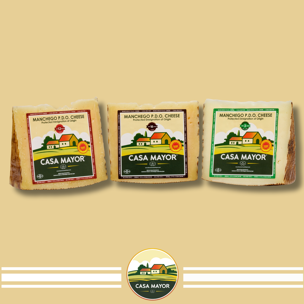Manchego Cheese D.O.P – Ages Trio Pack (3-Month, 12-Month & 18-Month Wedges) – 3 Wedge Assortment – Spanish Sheep’s Milk Cheese by Casa Mayor