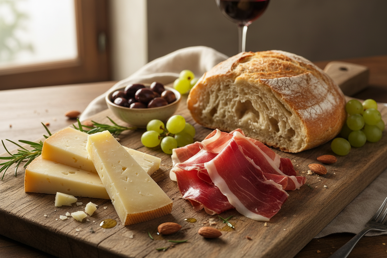 manchego and iberico ham and bread